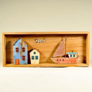 Κάδρο χειροποίητο με σπίτια και και καράβι! Καλοκαίρι στον τοίχο!