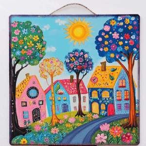 Ξύλινο πινακάκι art με σπίτια διαφορετικά να κρεμαστεί στον τοίχο!